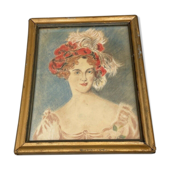 Pastel portrait woman with the headdress on tracing paper xx th frame xix eme