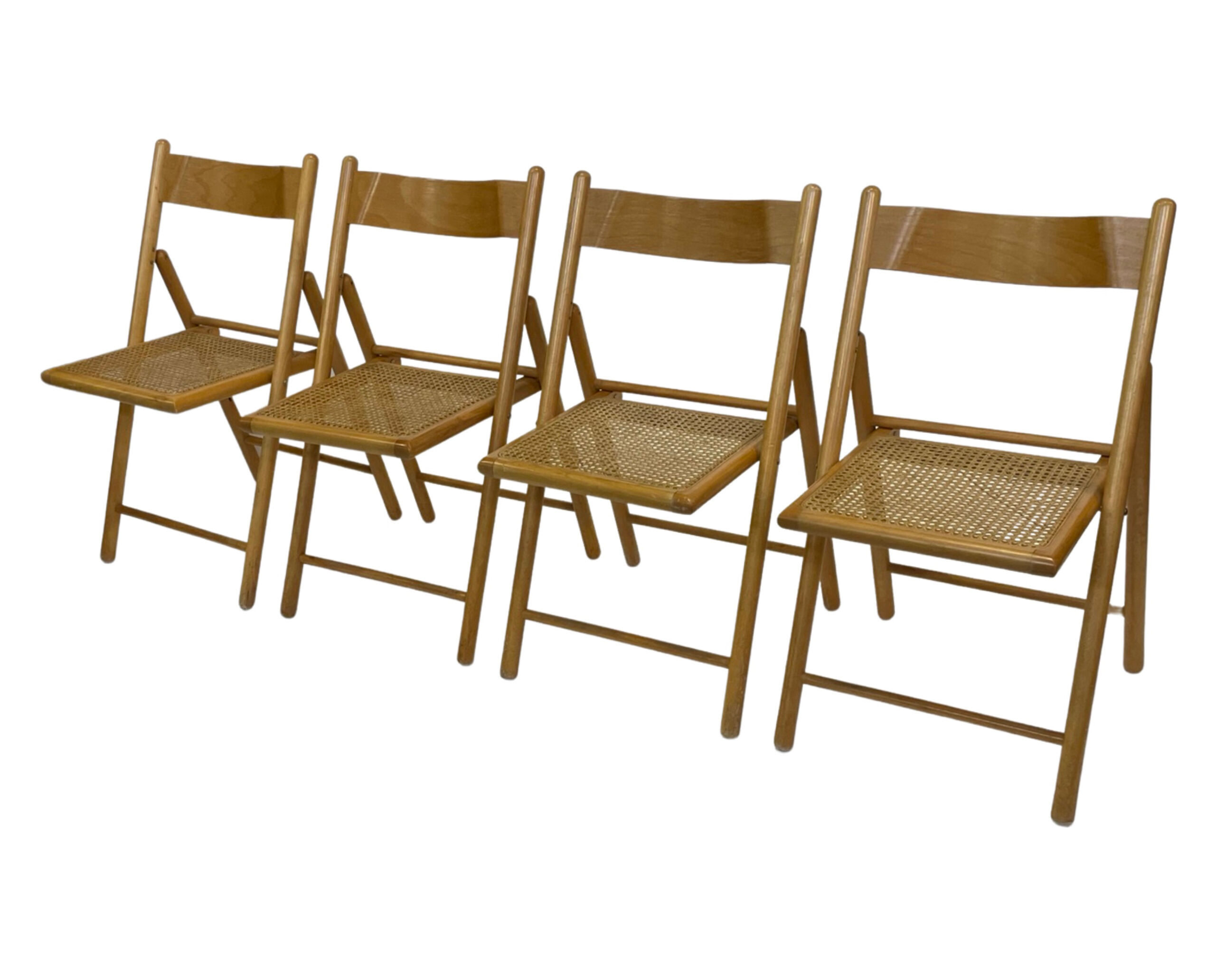 Set of four vintage folding chairs with webbing and wood 1970s
