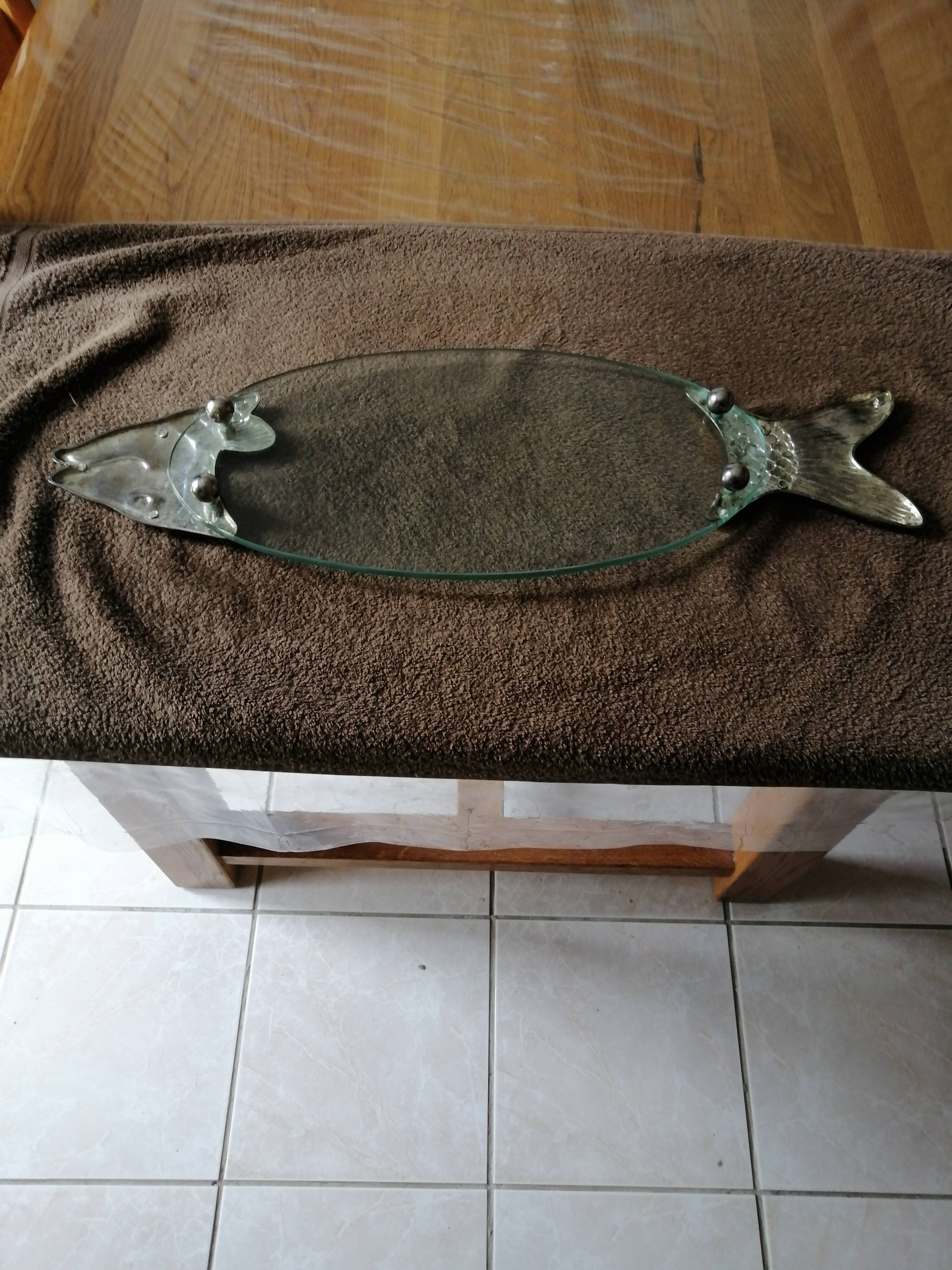 Serving plate for salmon fish dish silver plate and thick glass tray