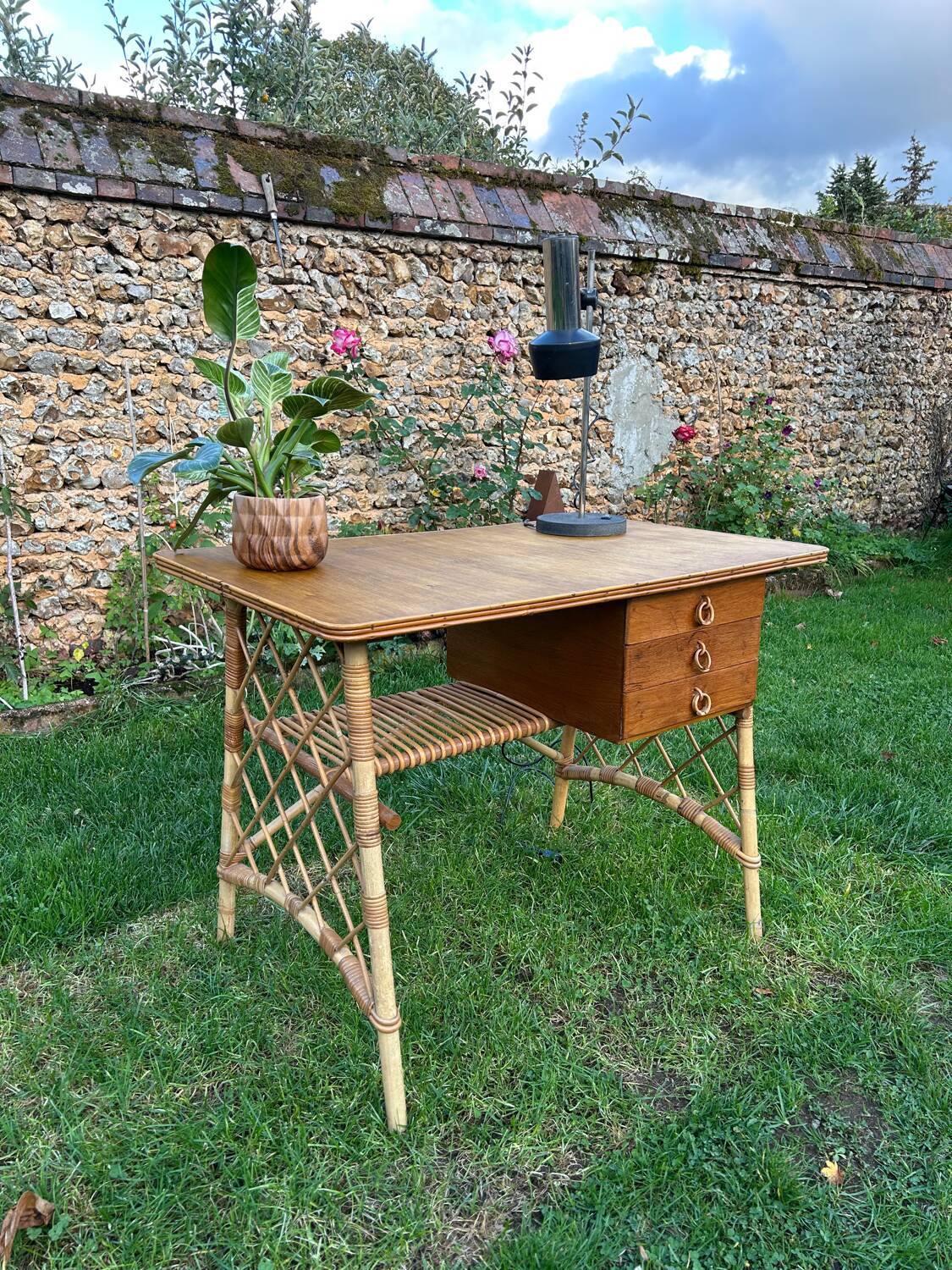 Vintage 1960 rattan desk by Louis Sognot