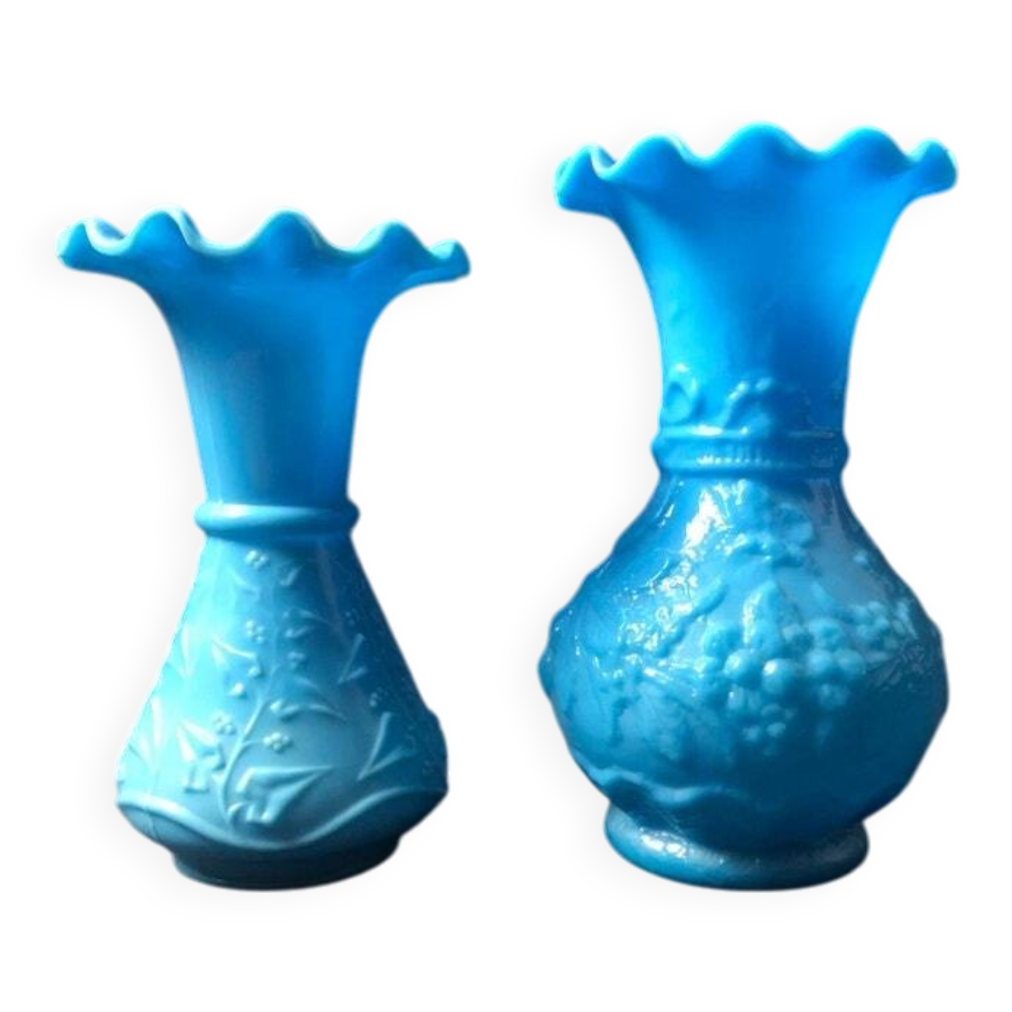 Antique French Opaline Glass Vases: Art Nouveau Floral Pair