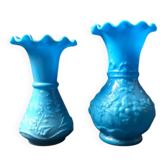 Antique French Opaline Glass Vases: Art Nouveau Floral Pair