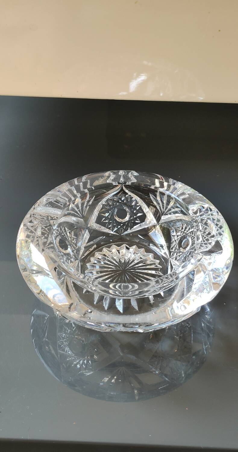 Bohemian cut crystal ashtray/pocket tray. Star/cross-hatched motifs.