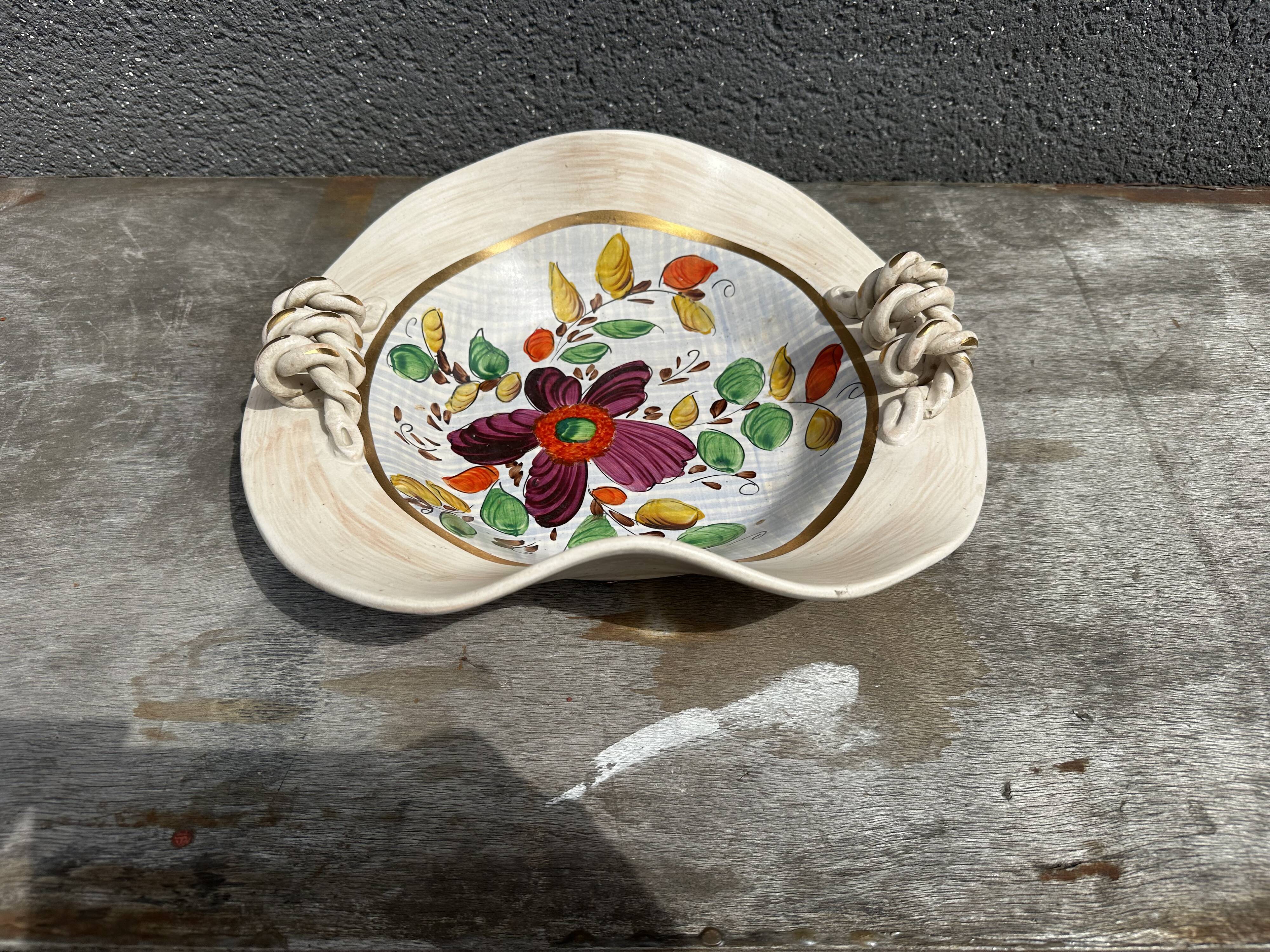 Painted ceramic fruit basket woven by Hubert Becquet, Quaregnon.