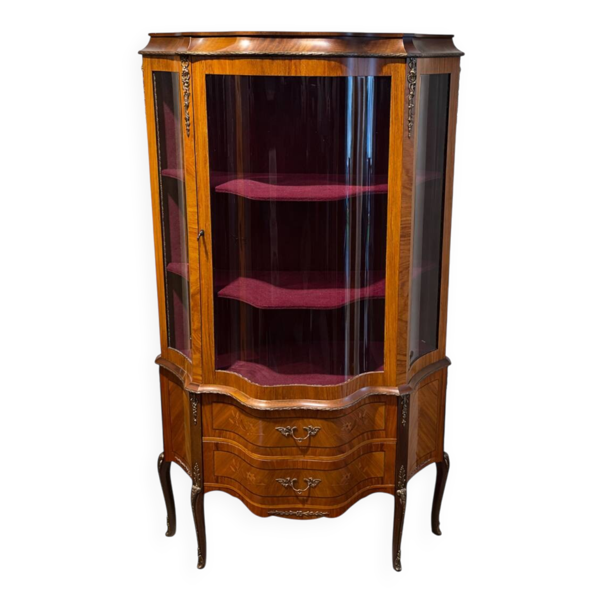 Antique Louis XV style display cabinet with marquetry, circa 1900.