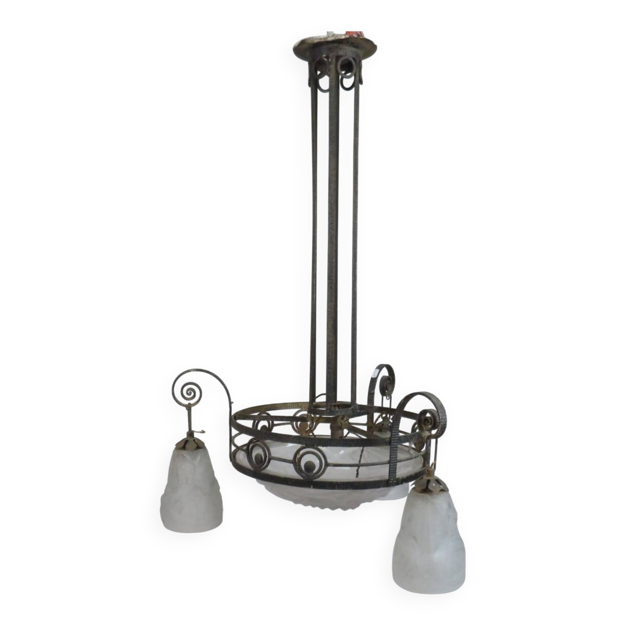 Art Deco chandelier signed Degué – wrought iron and moulded glass