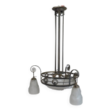 Art Deco chandelier signed Degué – wrought iron and moulded glass