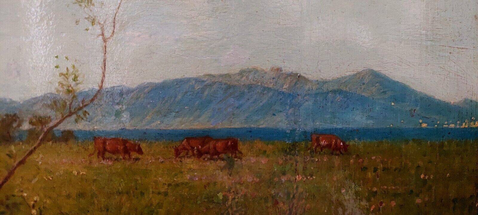 Antique oil painting on panel landscape figures cows - 19th century