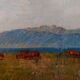 Antique oil painting on panel landscape figures cows - 19th century