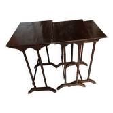 Stackable tables with pyrography.