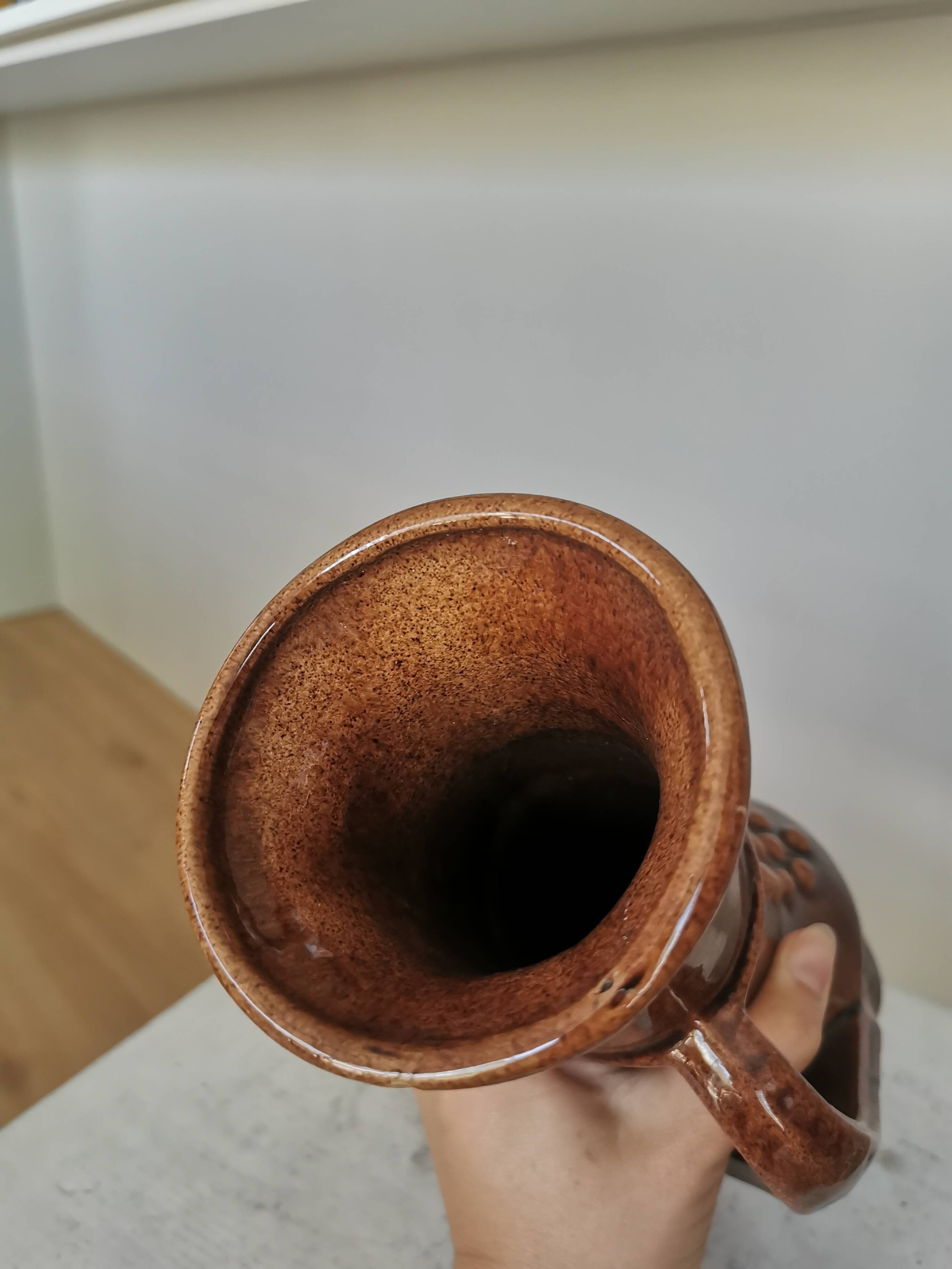 Vintage Amphora Vase: Large Brown Glazed Pottery with Grape Motif