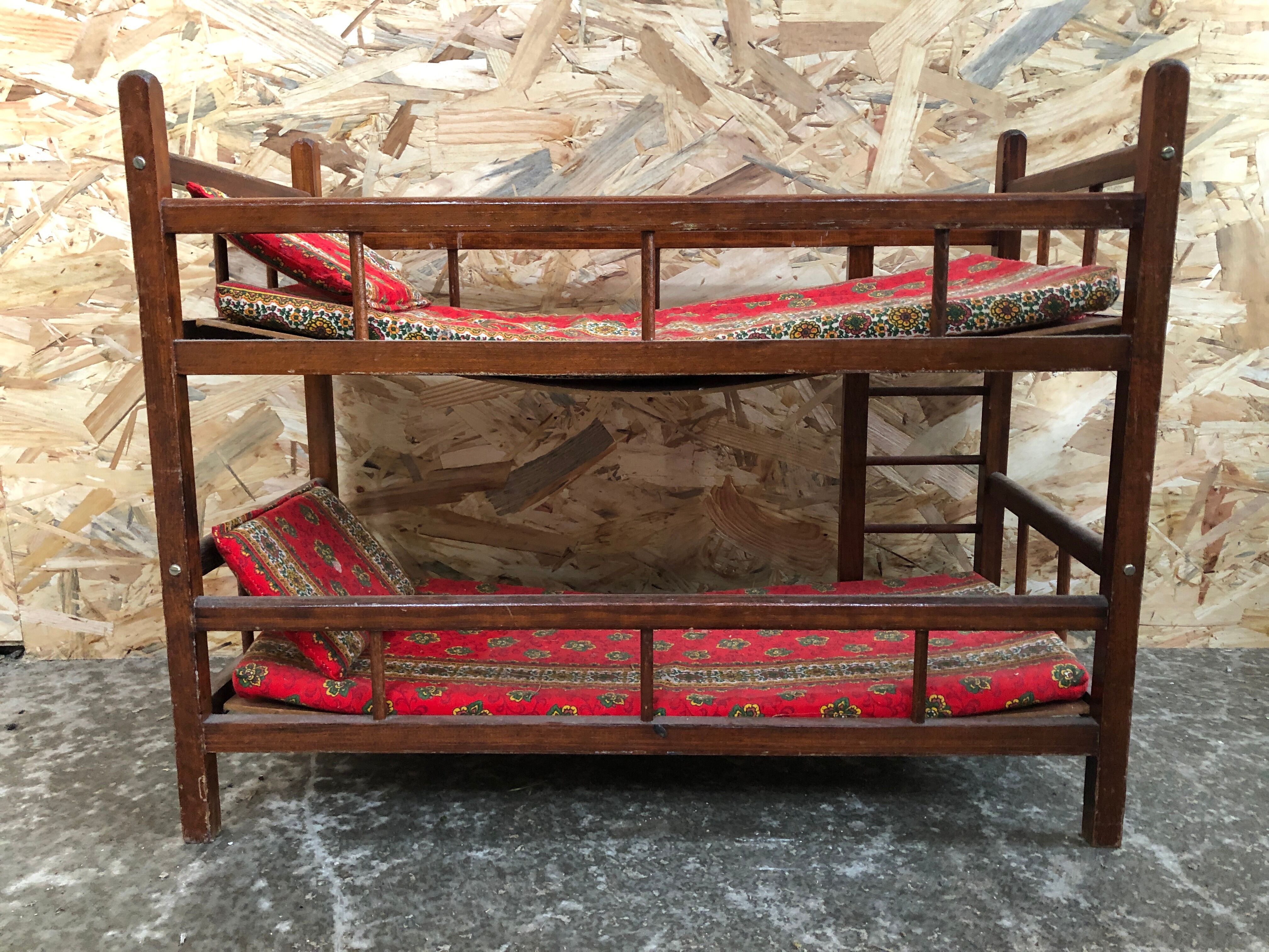 Old bunk bed doll wood + mattresses & cushions vintage fabric