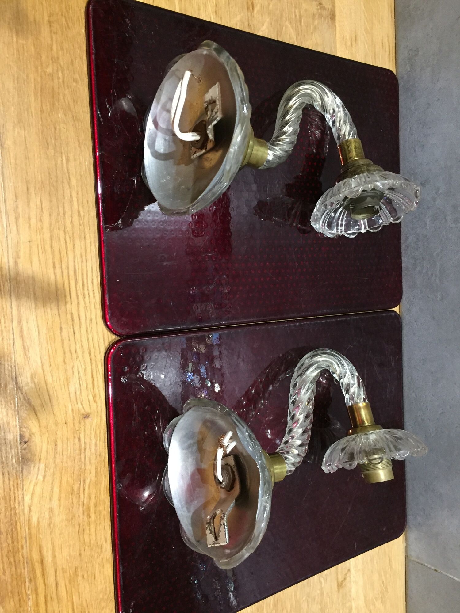 Pair of glass and gold metal sconces in the 1950s