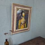 Mid-Century Modern Swedish "Painterly Portrait" Vintage Portrait Oil Painting, Framed