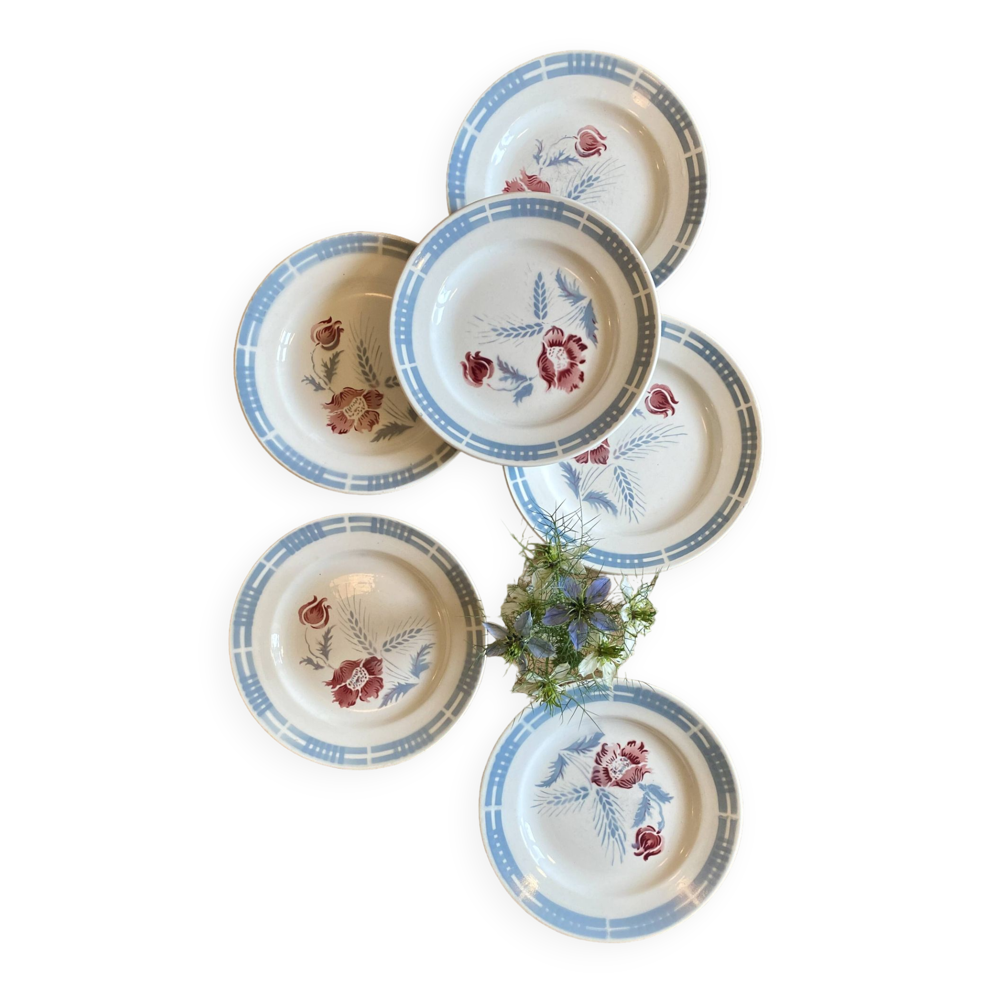 Lot de 6 assiettes plates vintages modèle Carole de la manufacture Digoin Sarreguemines