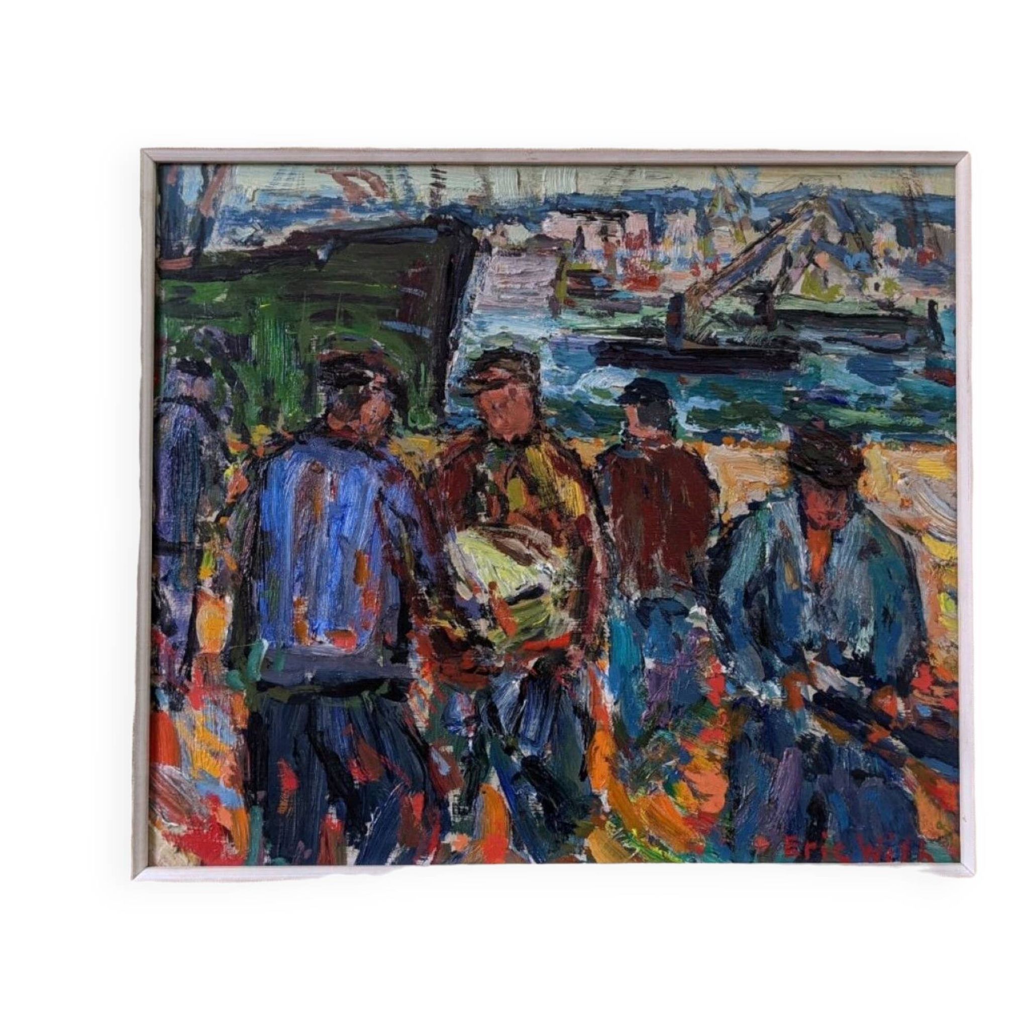 Peinture à l’huile figurative vintage suédoise « Coastal Dock » du milieu du siècle, encadrée