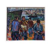 Peinture à l’huile figurative vintage suédoise « Coastal Dock » du milieu du siècle, encadrée