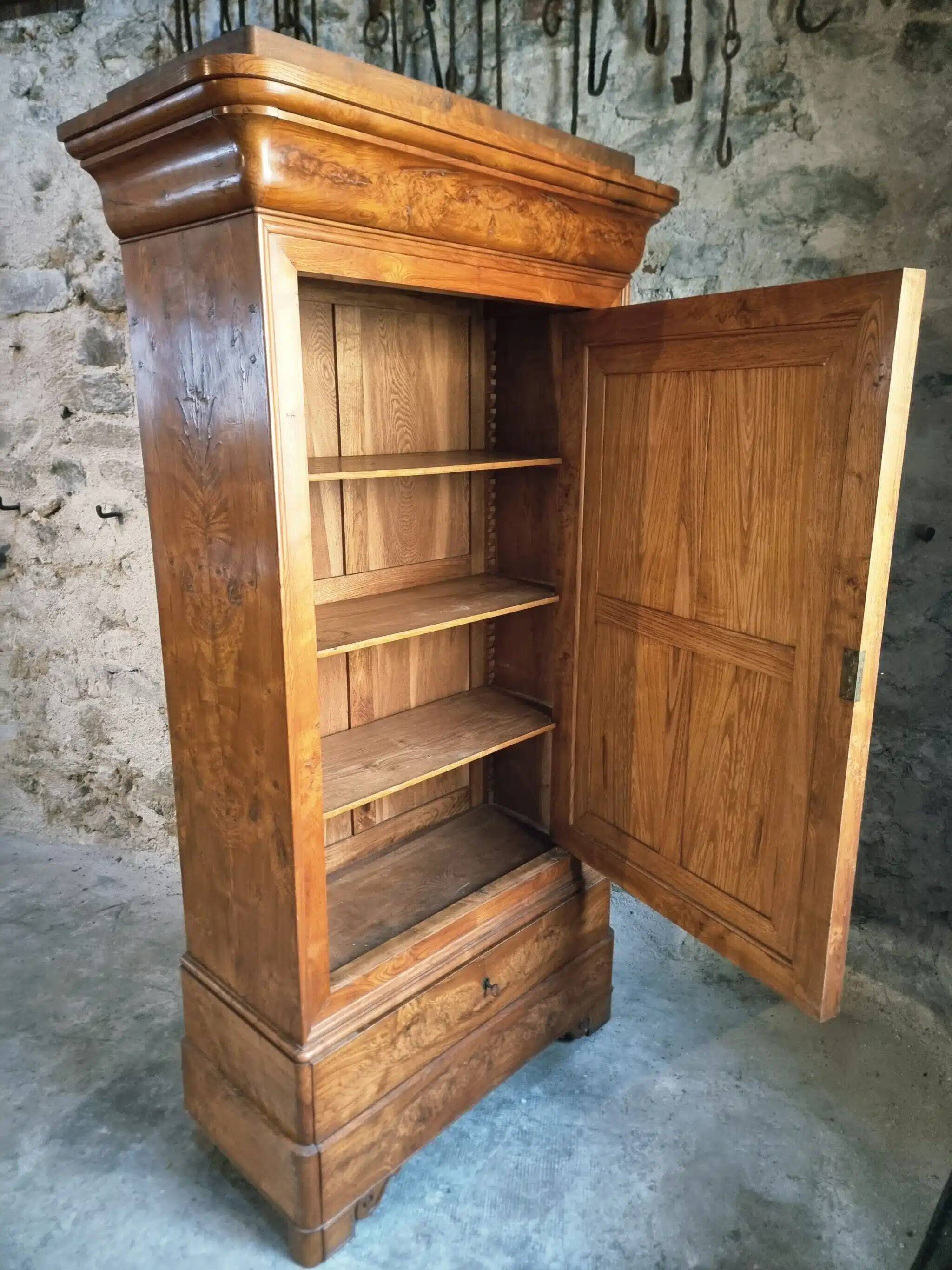 Antique French Louis Philippe wardrobe / wardrobe – elm and oak, mirrored door, 19th century