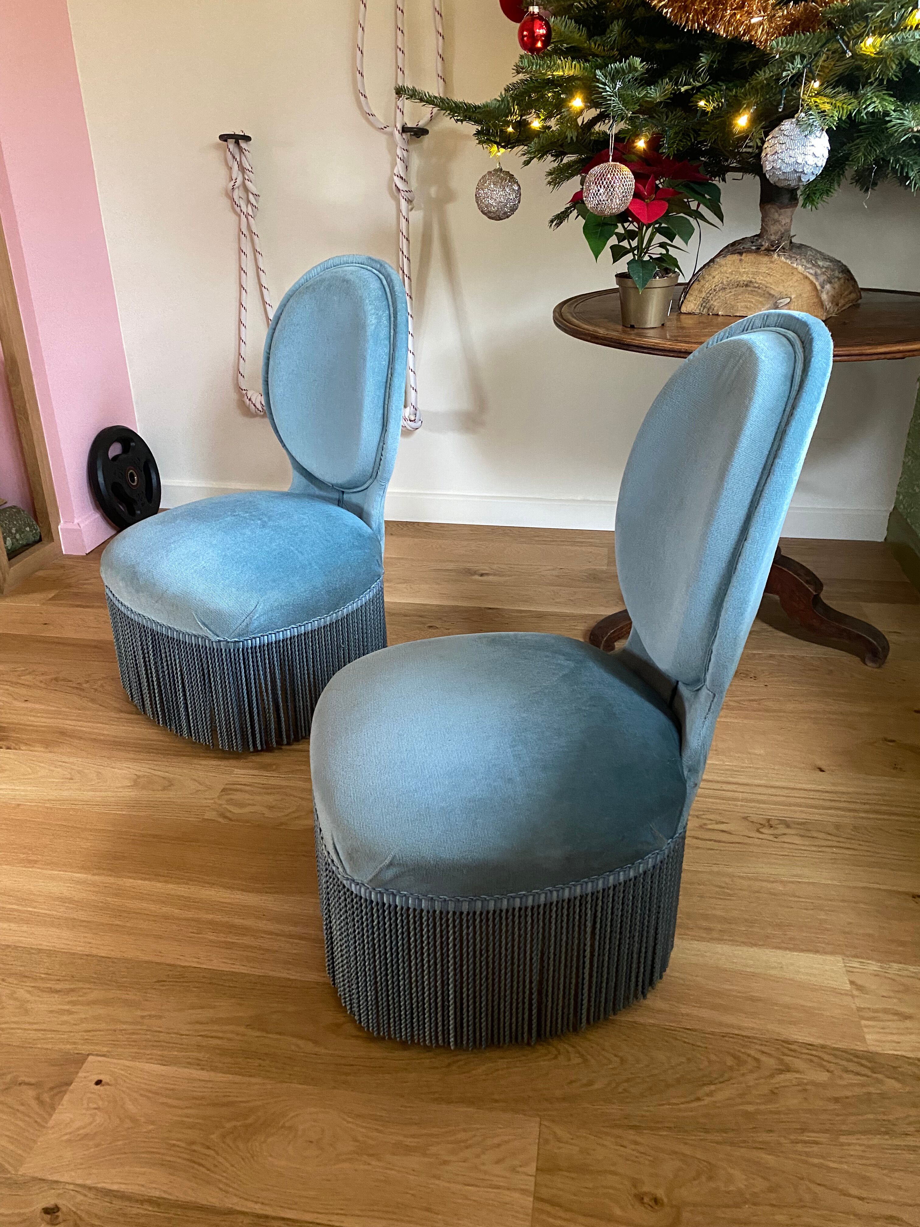 Pair of blue velvet toad armchairs