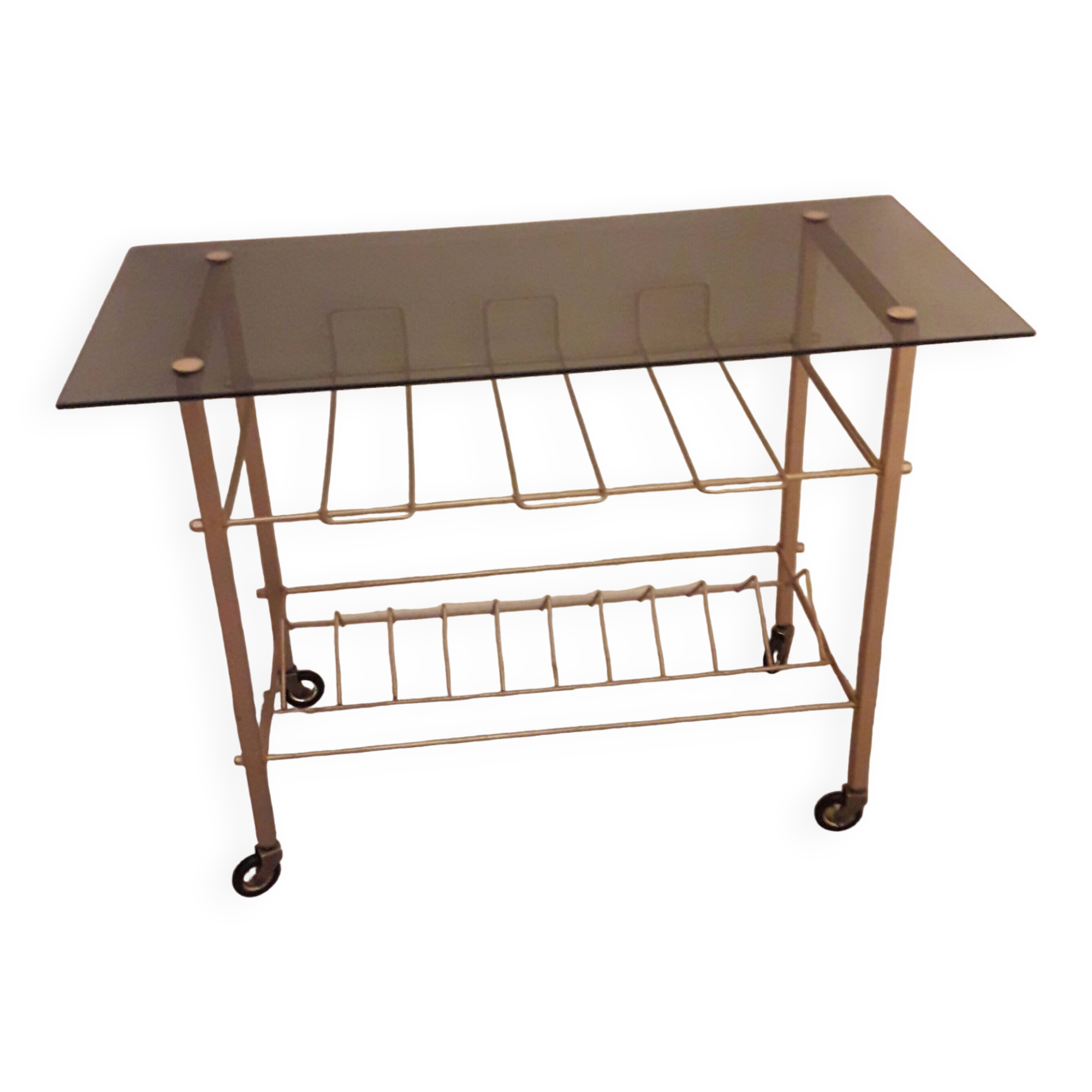 Table d'appoint pour tourne disque verre fumé et métal doré 70's