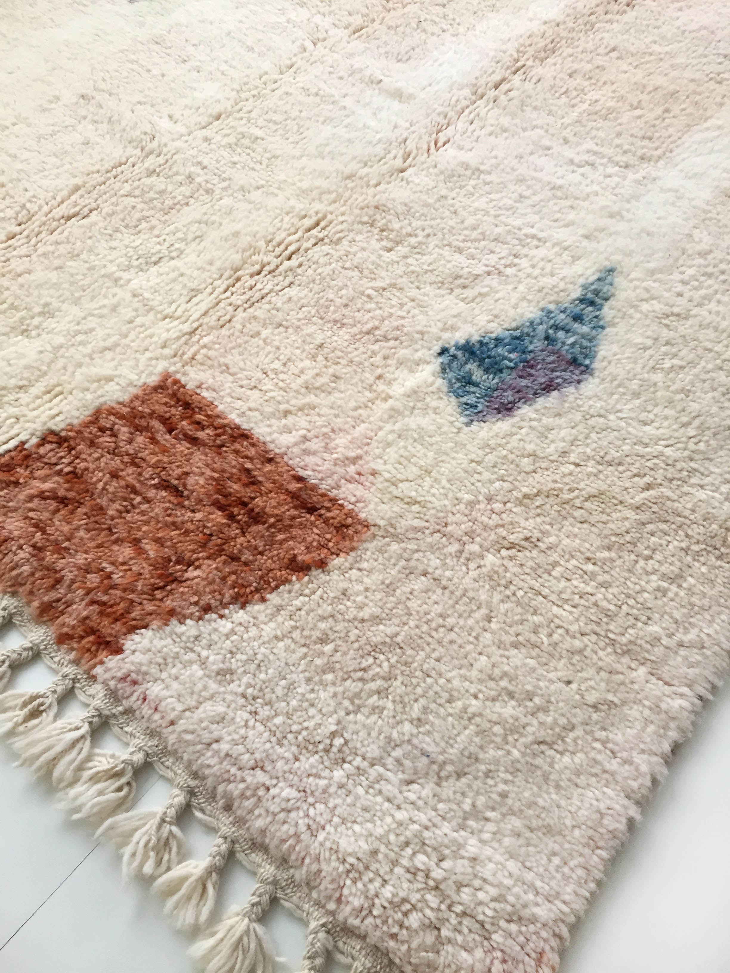 Moroccan Berber carpet Boujaad ecru and pink with colorful patterns 250x160cm