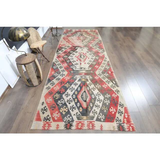1970s Turkish Oushak Handmade Wool Cotton Red Kilim Runner Rug 130x400