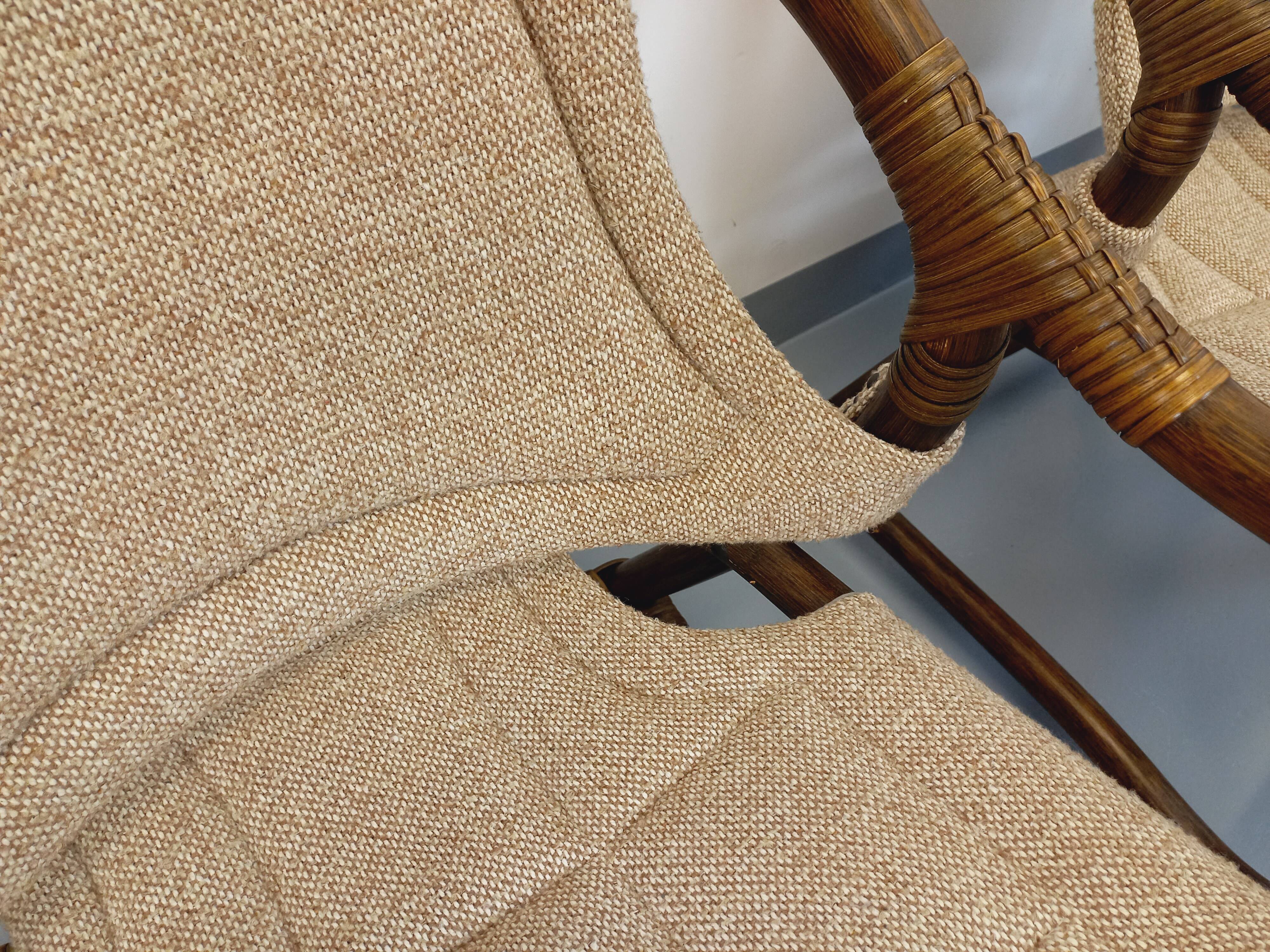 Set of 3 vintage Danish safari-style armchairs from Horsnæs Møbelfabrik in rattan and fabric from the 1980s.