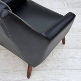 1970s, Danish highback armchair, black artificial leather, teak wood legs.
