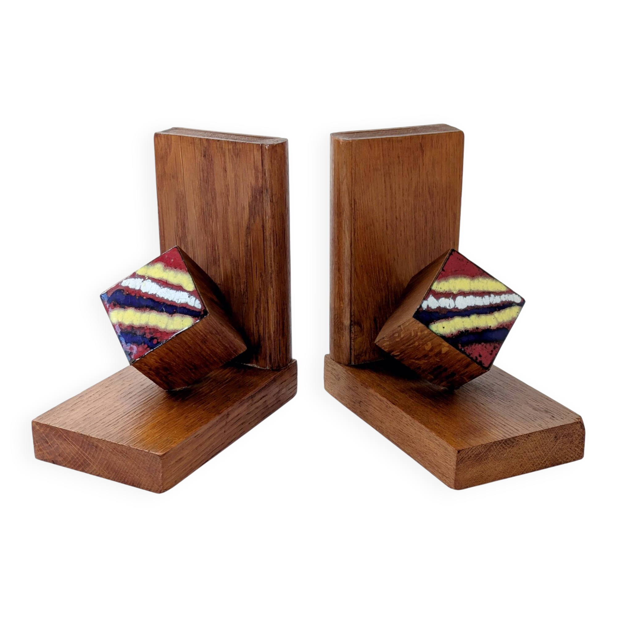 Mid-Century pair of wooden and enamel bookends, 1960s