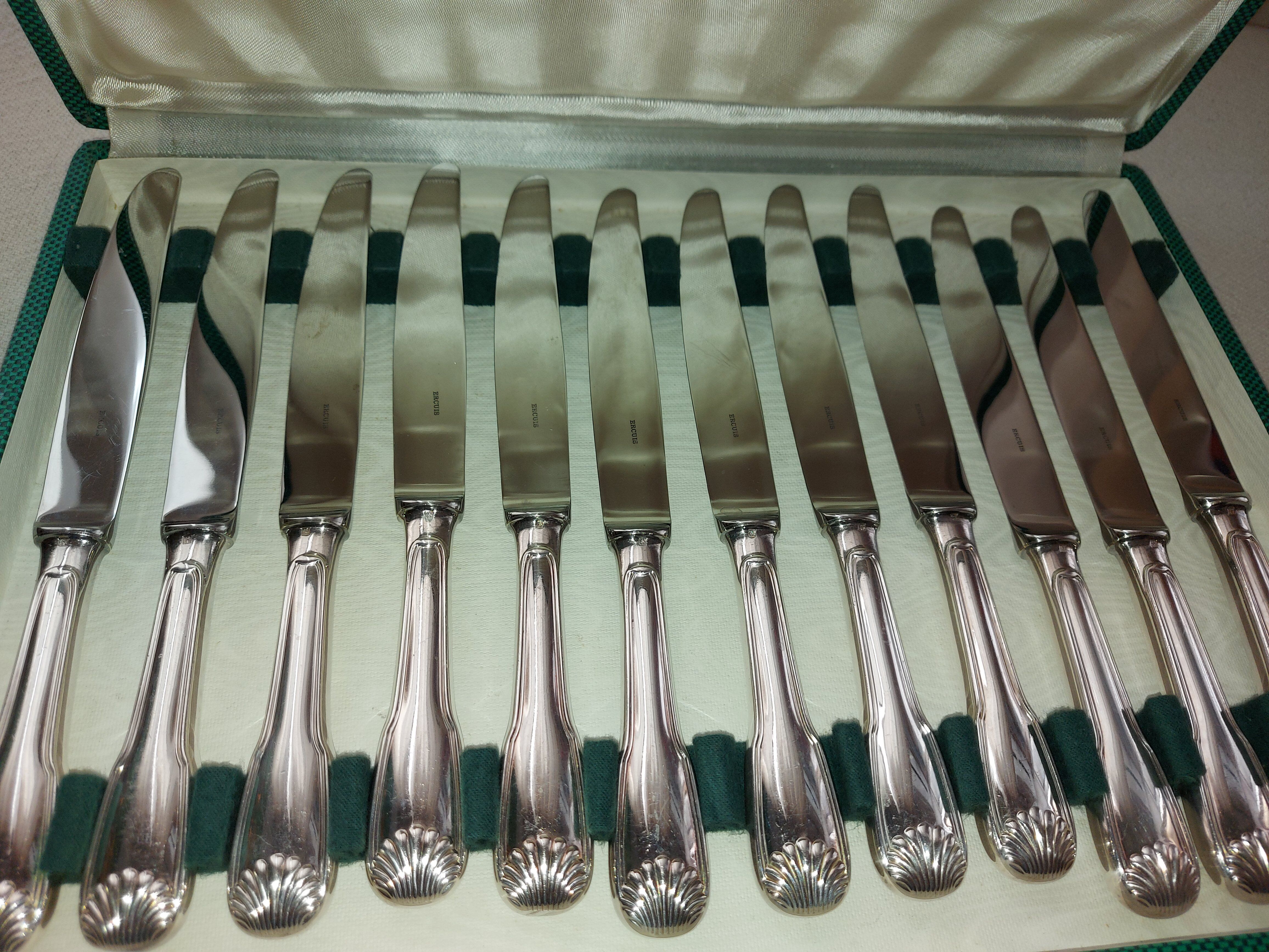 12 Silver Metal Ercuis Table Knives Box