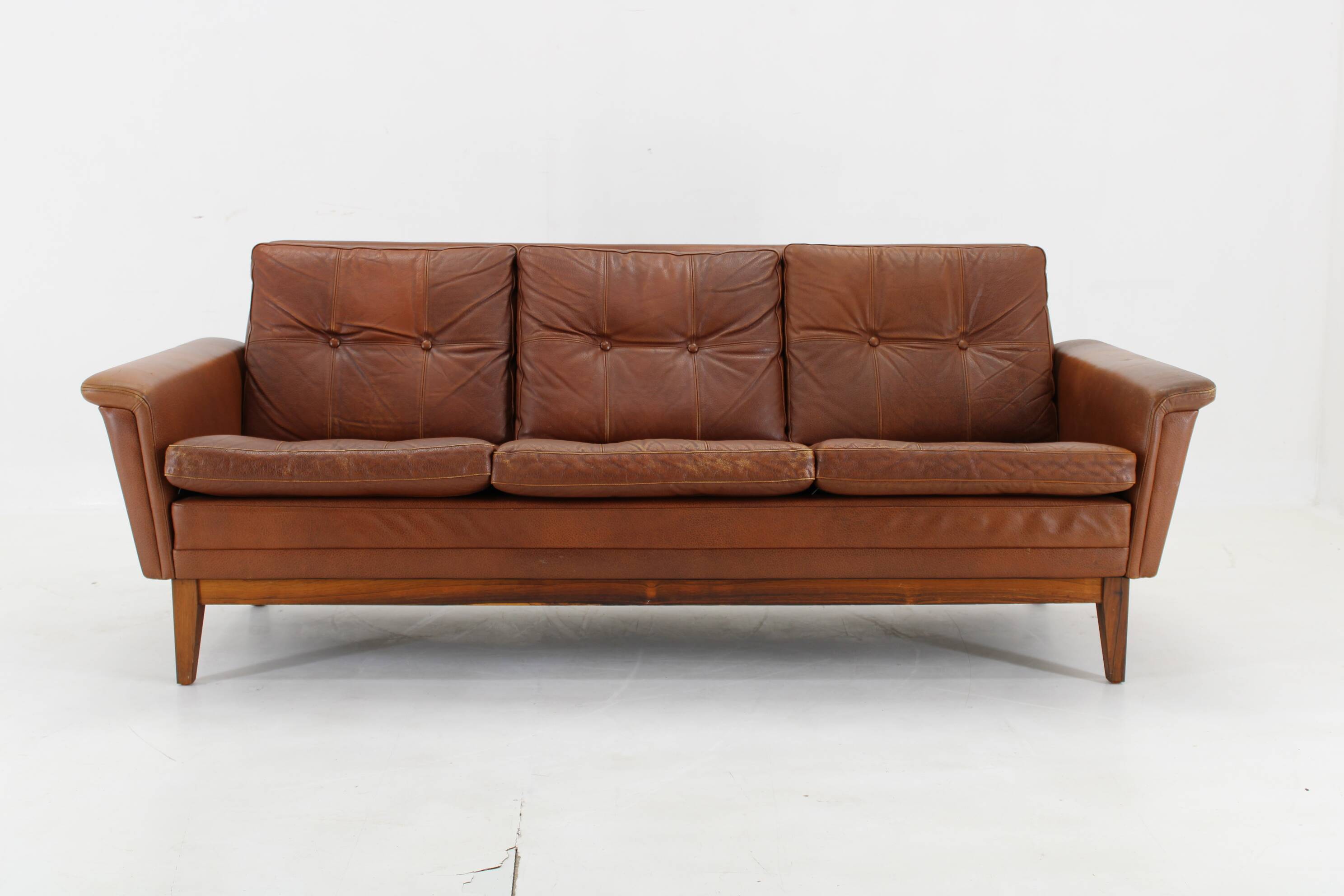 1970s Brown Leather 3-Seater Sofa, Denmark