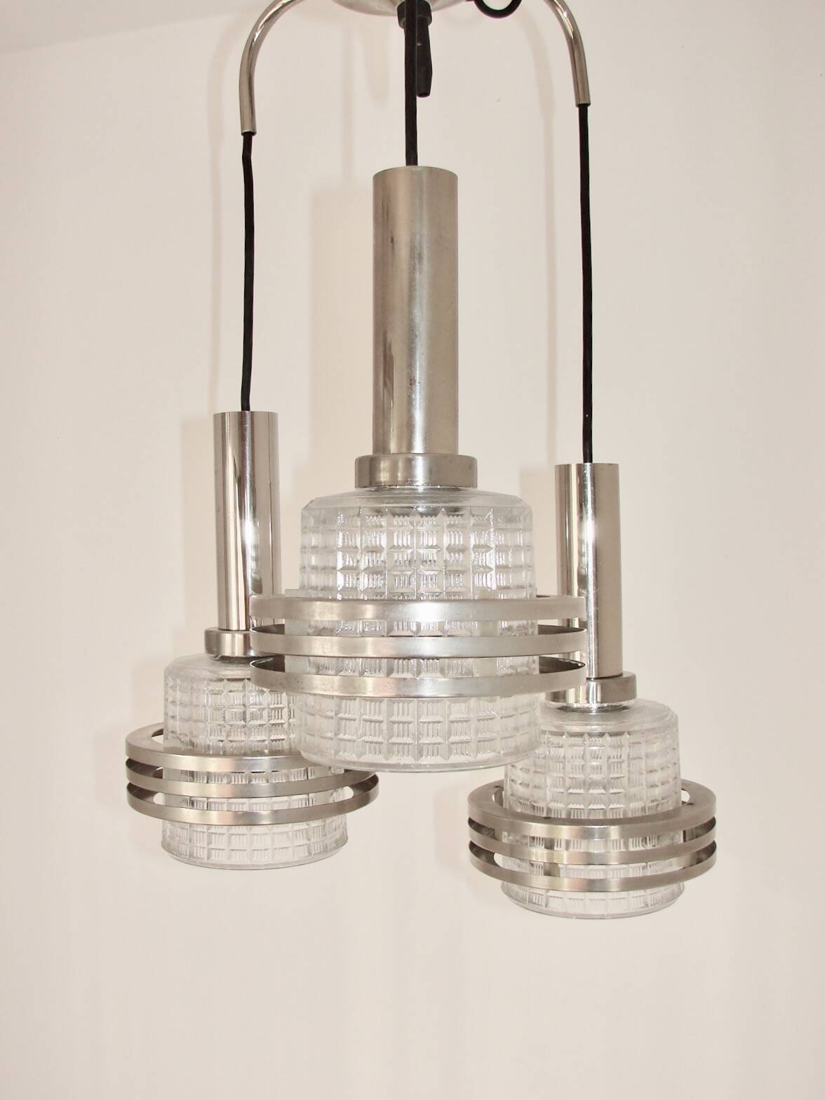Modern pendant lamp, 1970s, metal and glass, 3xE27