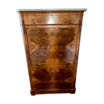 Secrétaire Louis Philippe en ronce de noyer et plateau marbre