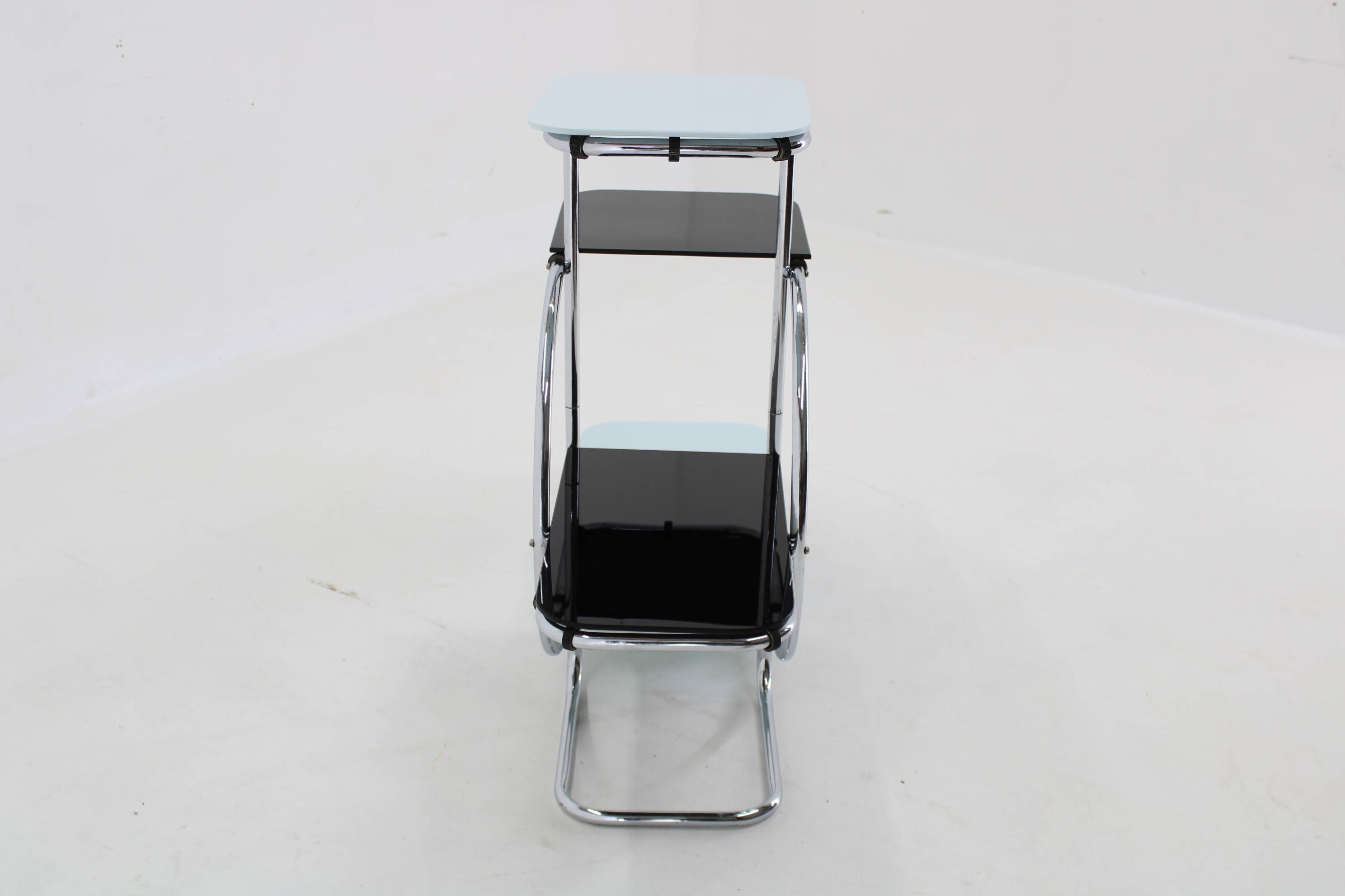 1930s Bauhaus Chrome Plated Etagere with Opaxy Glass, Czechoslovakia