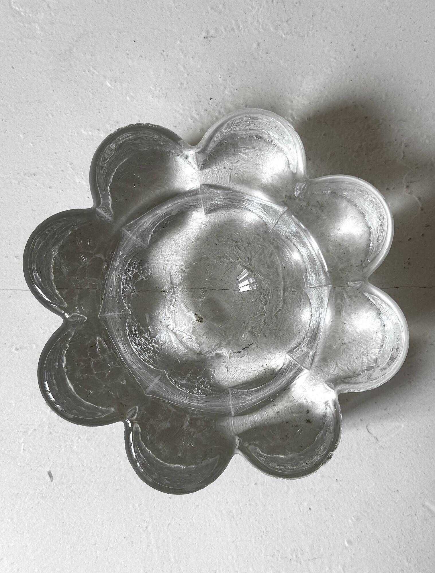 Frosted glass candle holder stylised in the shape of a flower, 1970s design.
