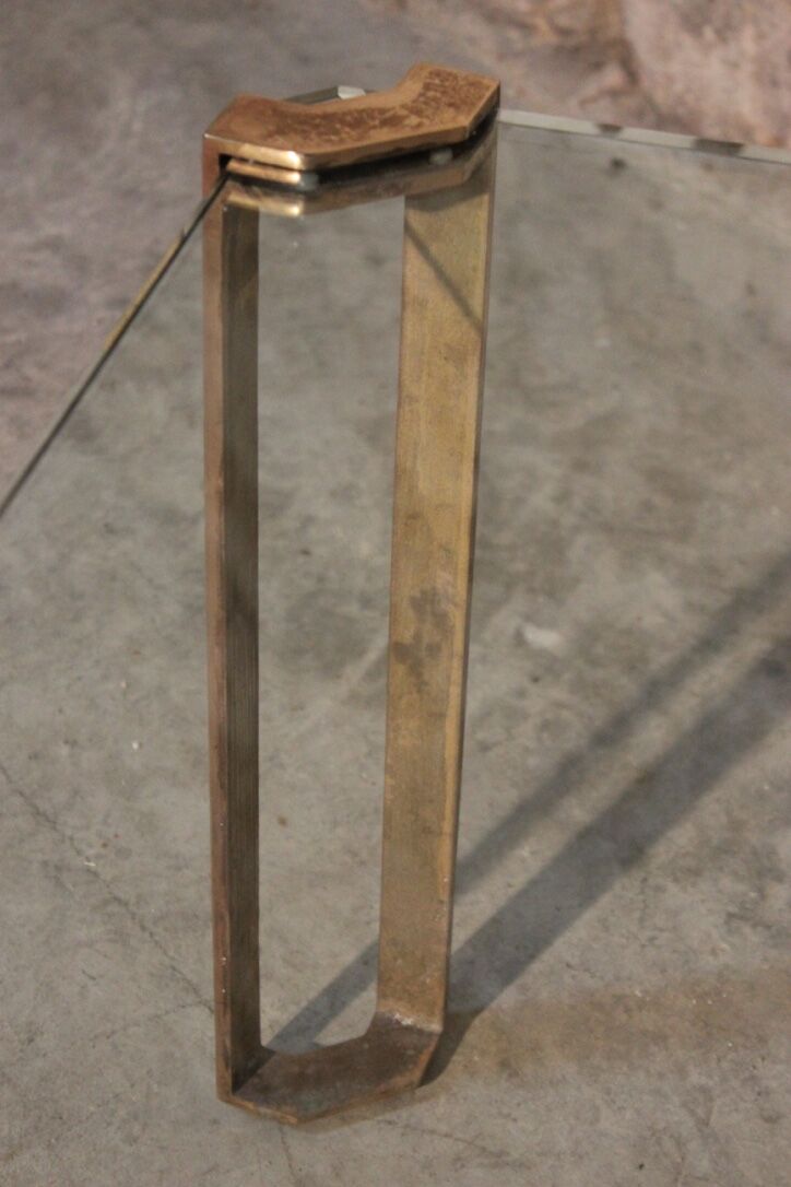 Vintage square coffee table in glass and brass by Peter Ghyzcy