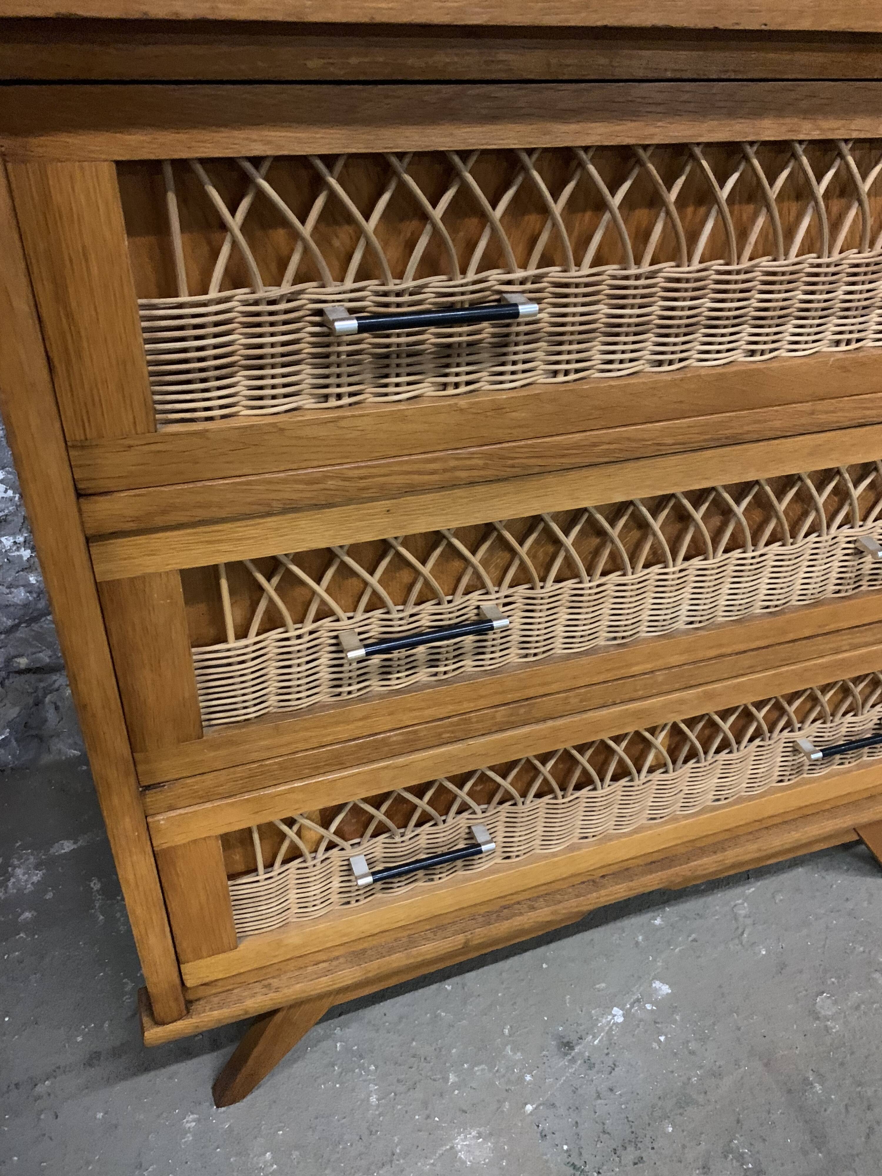 Chest of drawers vintage rattan and oak compass feet