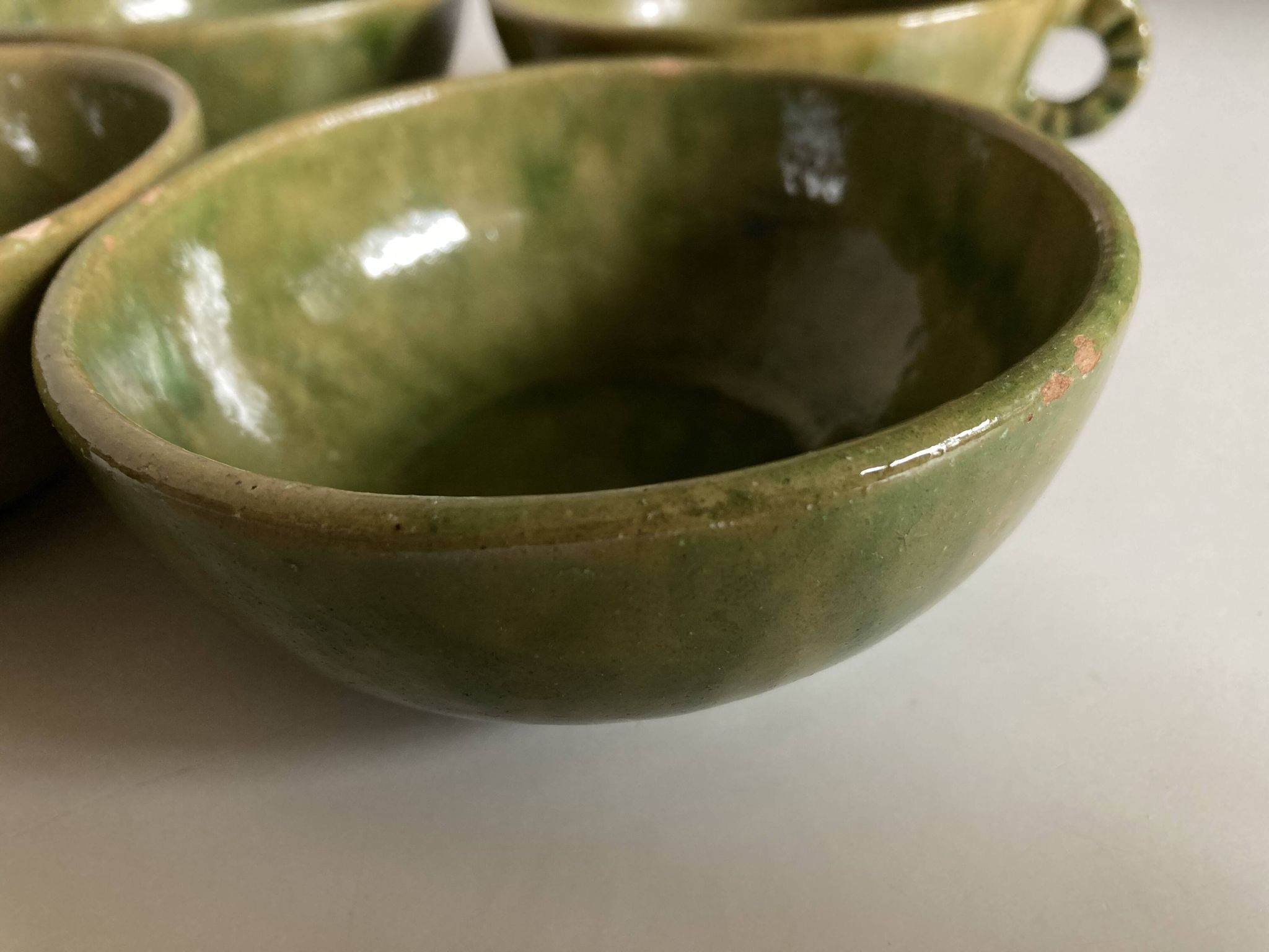 4 green glazed earthenware bowls with handles from Biot, 1960