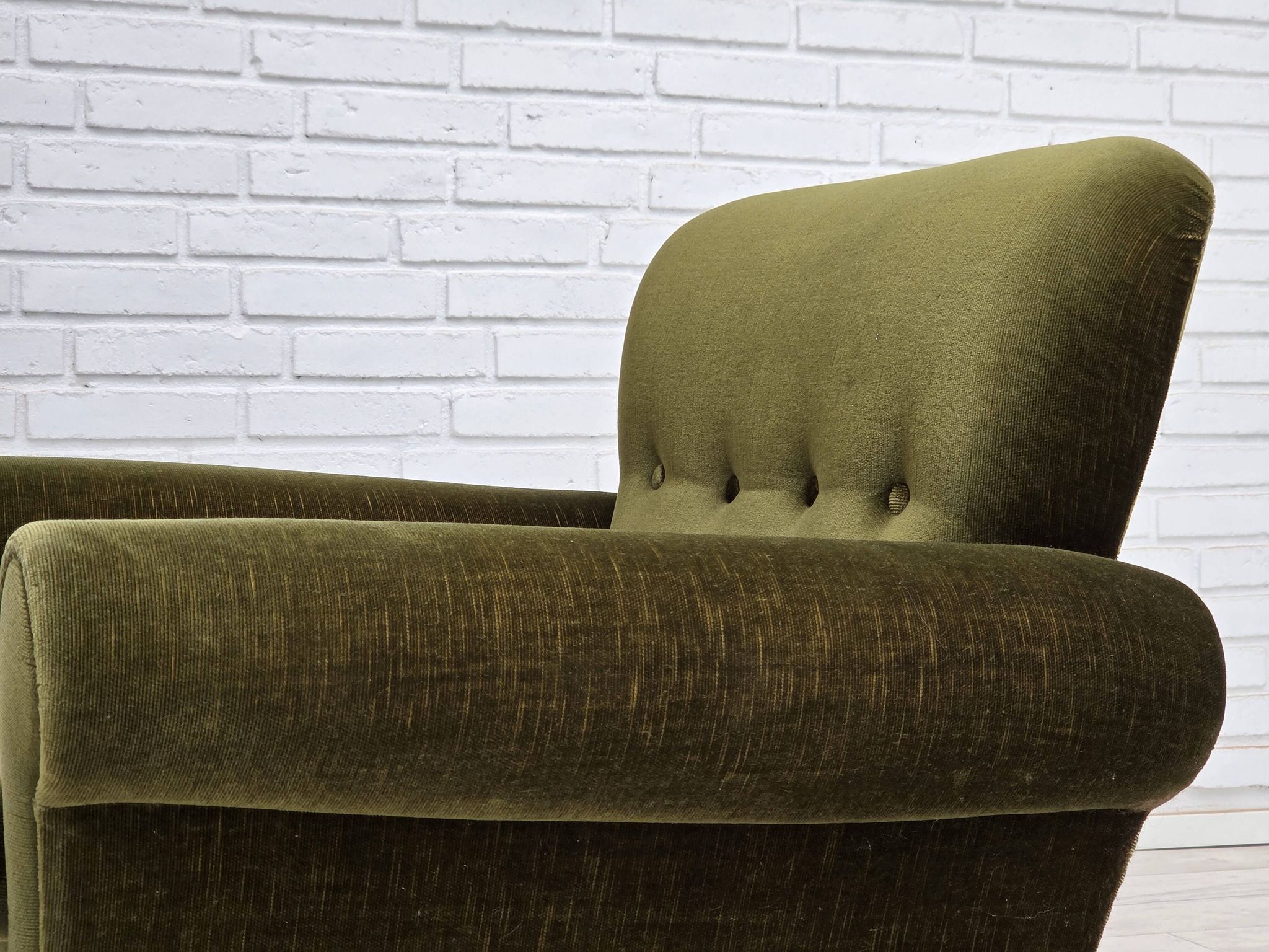1970s, Danish lounge chair, low, furniture velour, ash wood legs.