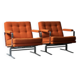 Pair of Karl Erik Ekselius armchair, in orange and chrome Kadrat fabric