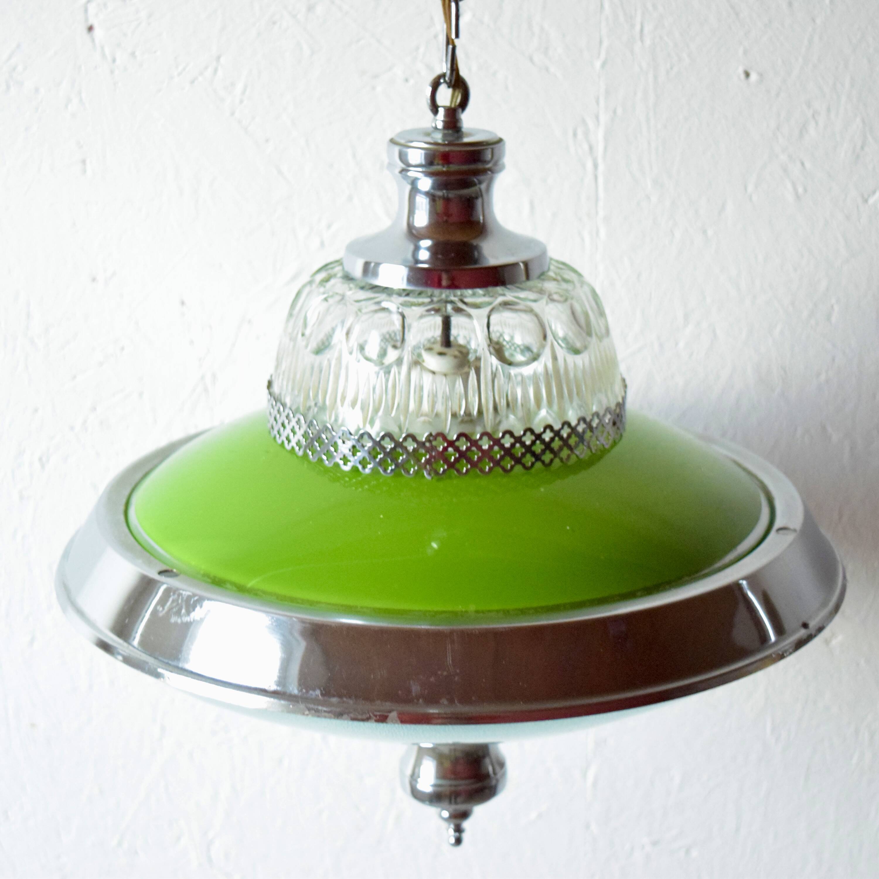 Vintage green glass and chrome metal pendant light