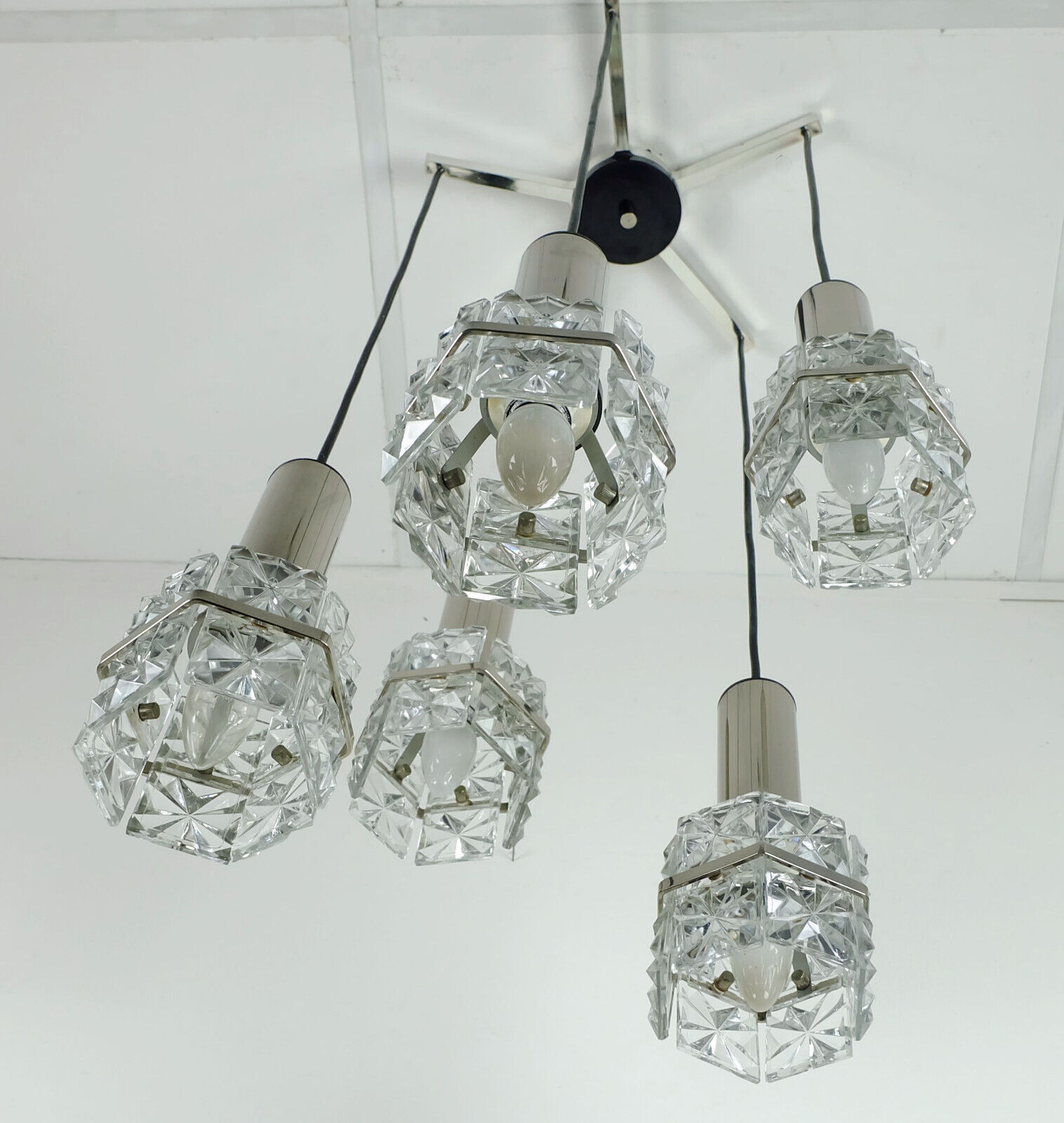 1960s mid century PENDANT LIGHT 5-light cascading lamp faceted glass and chrome