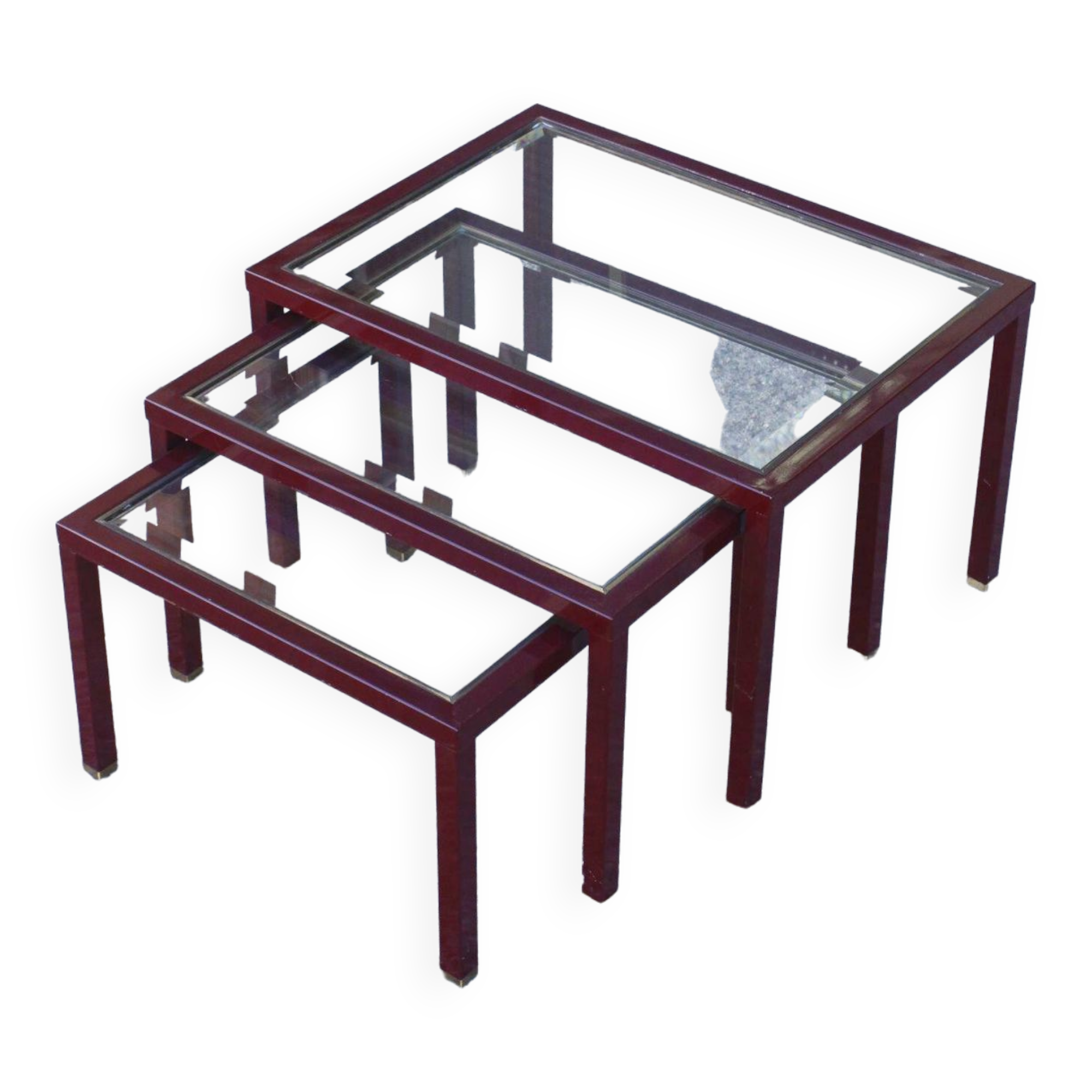 Nesting tables in burgundy lacquered metal and brass, France 1950s