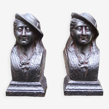 Old cast iron chenets lady with a hat