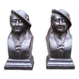 Old cast iron chenets lady with a hat