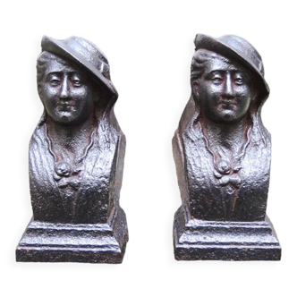 Old cast iron chenets lady with a hat