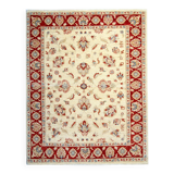 Cream Red Bordered Ziegler Rug, Hand-Knotted Wool Floral Oriental Carpet