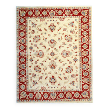 Cream Red Bordered Ziegler Rug, Hand-Knotted Wool Floral Oriental Carpet