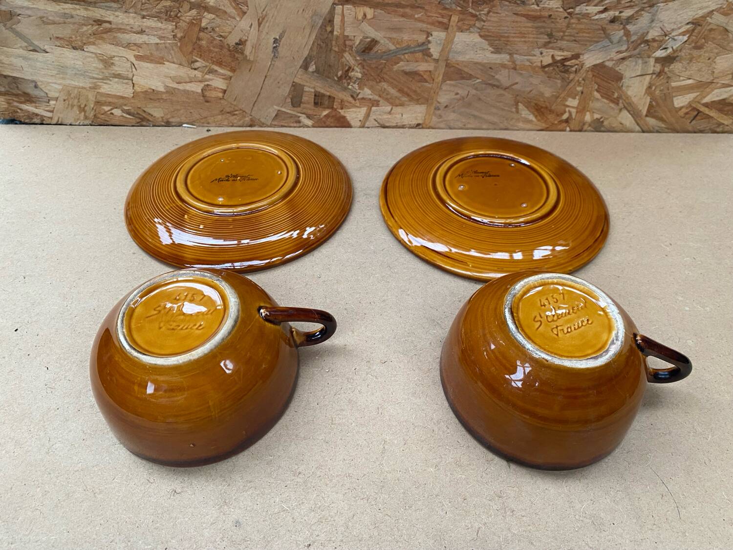 Pair of antique cups + saucers st clement ceramic brown vintage #b615