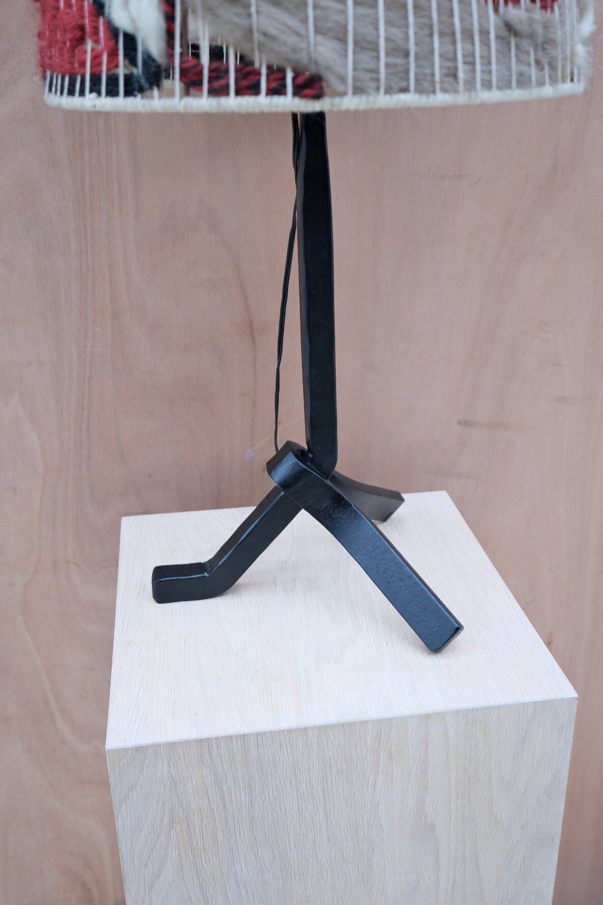 Modernist wrought iron lamp with wool lampshade, France 1950